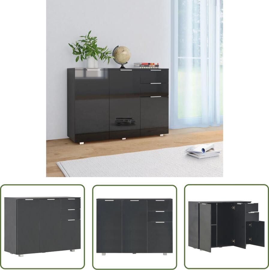 The Living Store Dressoir 107x35x80 5 cm hoogglans zwart Dressoir Zwarte Kast Opslagoplossing Salontafel Livingroom Furniture