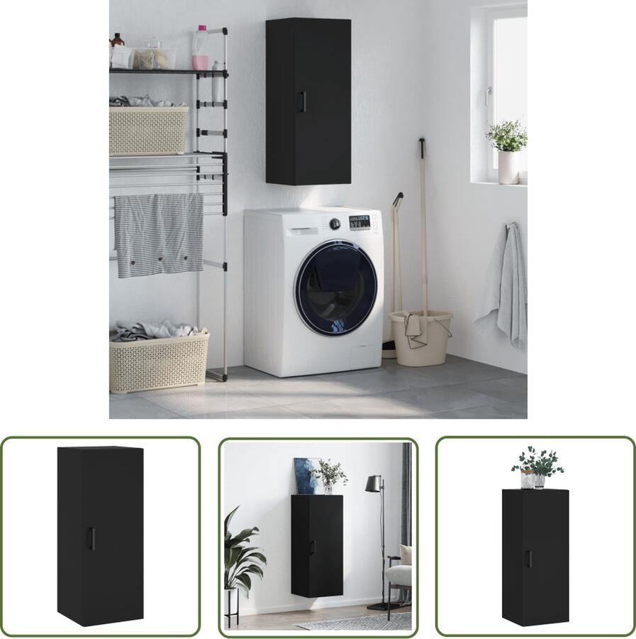 The Living Store Hangkast 34 5x34x90 cm zwart Wandkast Houten Kast Vitrinekast Opbergkast Zwarte Kast - Foto 2