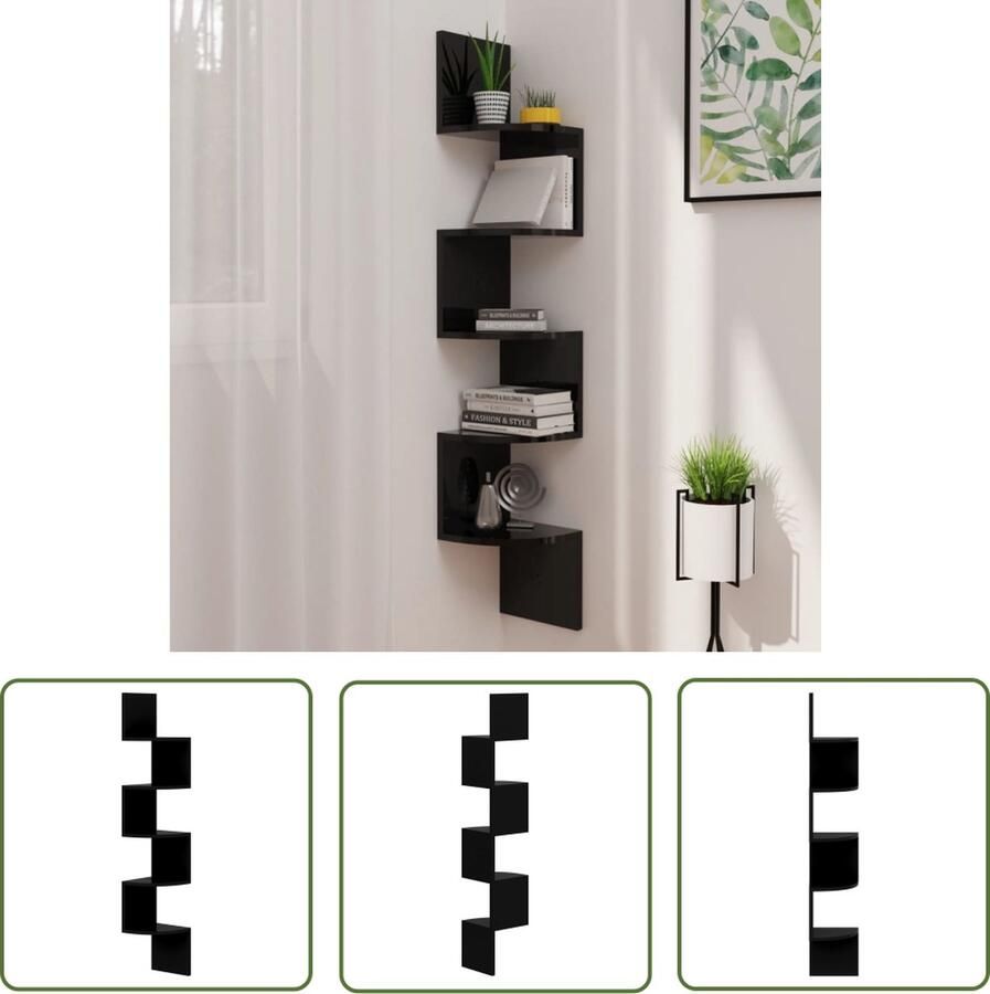 The Living Store Hoekwandschap 19x19x123 cm bewerkt hout hoogglans zwart Hoekwandschap Zwarte Kast Salontafel Woonaccessoires Badkamerkast