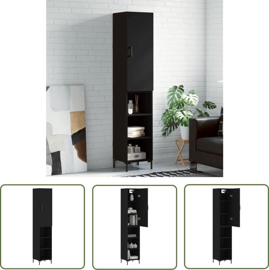 The Living Store Hoge kast 34 5x34x180 cm bewerkt hout zwart Hoge Kast Zwarte Kast Houten Kast Opslagkast Kledingkast