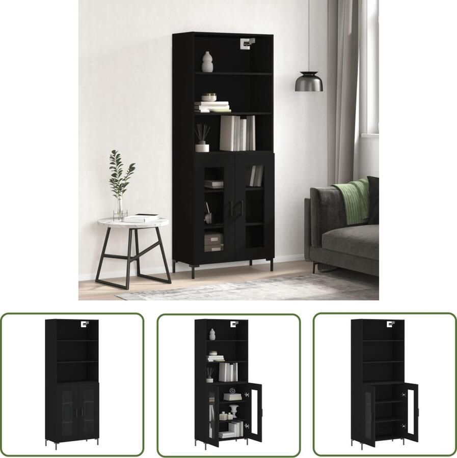 The Living Store Hoge kast 69 5x34x180 cm bewerkt hout zwart Hoge Kast Zwarte Kast Houten Kast Opslagoplossing Woonkamermeubilair - Foto 4