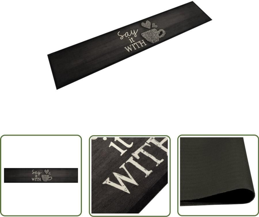 The Living Store Keukenmat wasbaar kopjeprint 60x300 cm fluweel zwart Keukenmat Zwarte Keukenmat Vloerkleden Keuken Anti-slip Keukenmat Fluweel Keukenmat