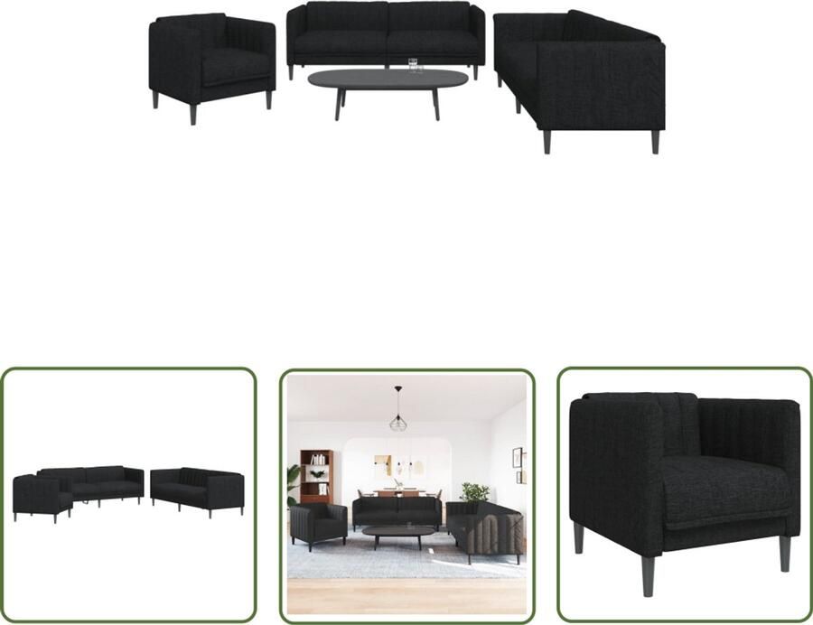 VidaXL 3-delige Loungeset stof zwart Loungeset Zwarte Lounge Stoffen Sofa Fauteuils Salonset