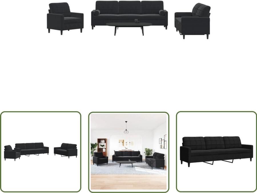 VidaXL 3-delige Loungeset met kussens en bolsters fluweel zwart Loungeset Zwarte Lounge Set Fluweel Sofa Zitgroep Salonset
