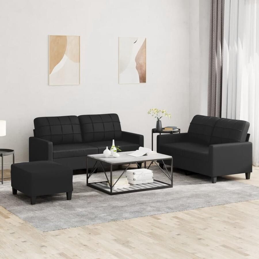 The Living Store Loungeset Kunstleer Zwart 2-zitsbank (138x77x80cm) Grote 2-zitsbank (158x77x80cm) Voetenbank (70x55x41cm) Loungeset Zwarte Lounge Set 2 Persoons Bank Loungebank Buitenmeubel
