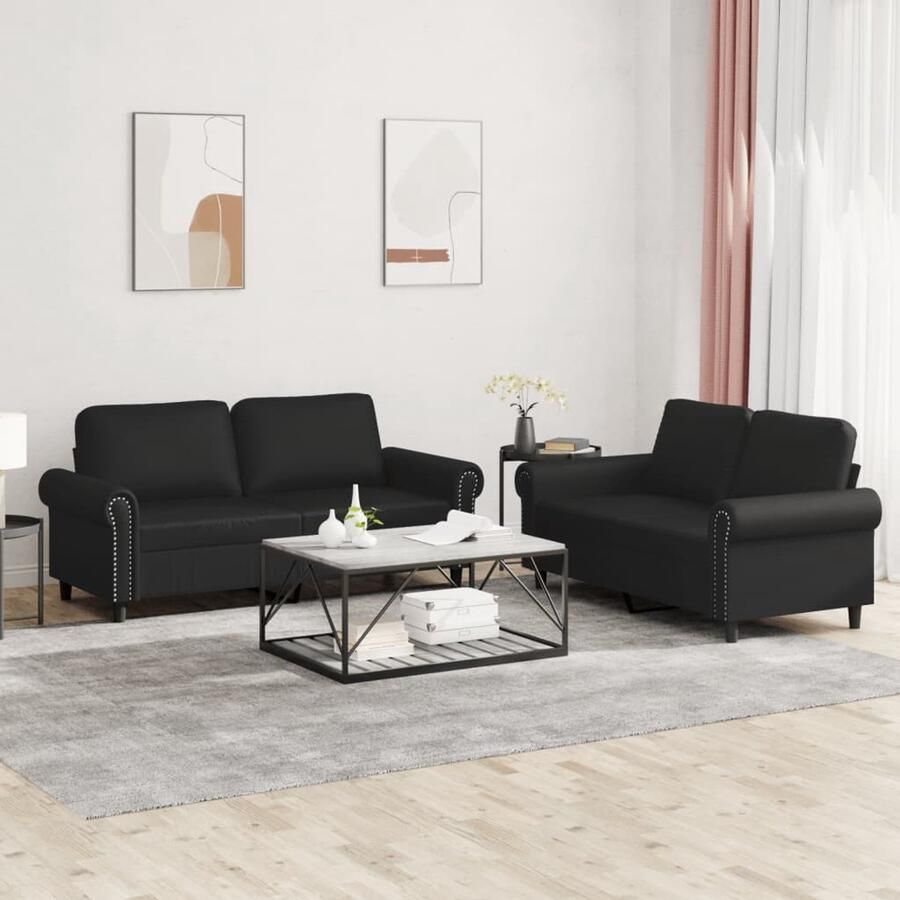 The Living Store Bank 2-zits Kunstleer Zwarte loungeset met comfortabele zitervaring Lounge Stoffen Sofa Zwarte Lounge Suite Comfortabele Bankstellen 2 Persoons Bank Salon Meubels