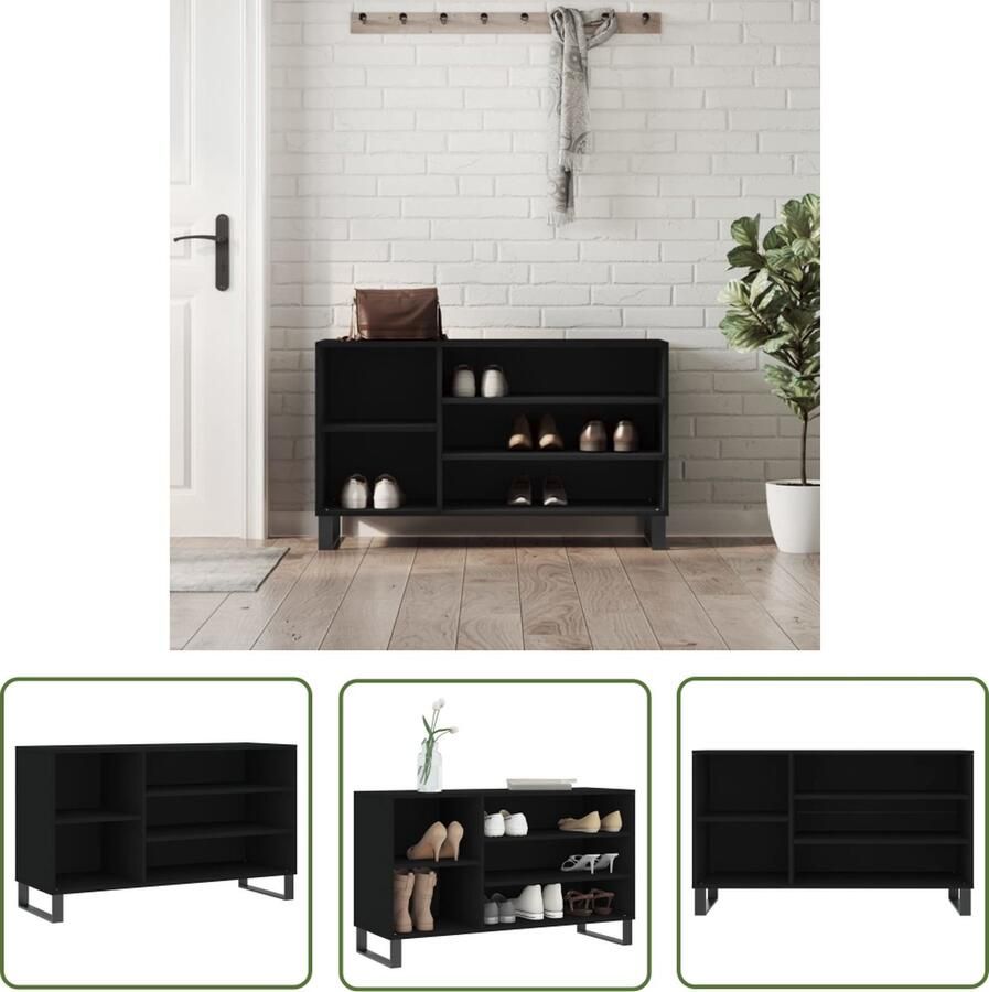 The Living Store Schoenenkast Zwart 102 x 36 x 60 cm Bewerkt hout en metaal Schoenenkast Zwarte Schoenenkast Houten Schoenenkast Schoenen Opbergbox Organisatie Thuis