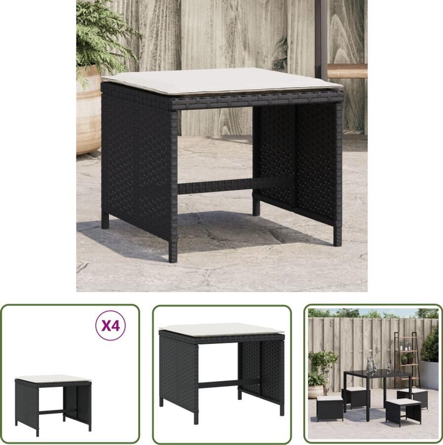 The Living Store Tuinkrukken 4 st met kussens 40x40x35 cm poly rattan zwart Tuinkrukken Zwarte Tuinkrukken Ratan Tuinkrukken Outdoor Stoel Buitendining