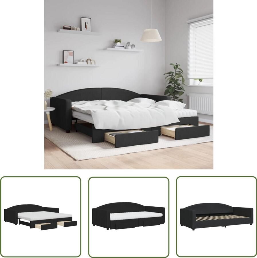 The Living Store Slaapbank met onderschuifbed en lades 100x200 cm stof zwart Slaapbank Zweefbank Sofa Bed Boxspring Meubel