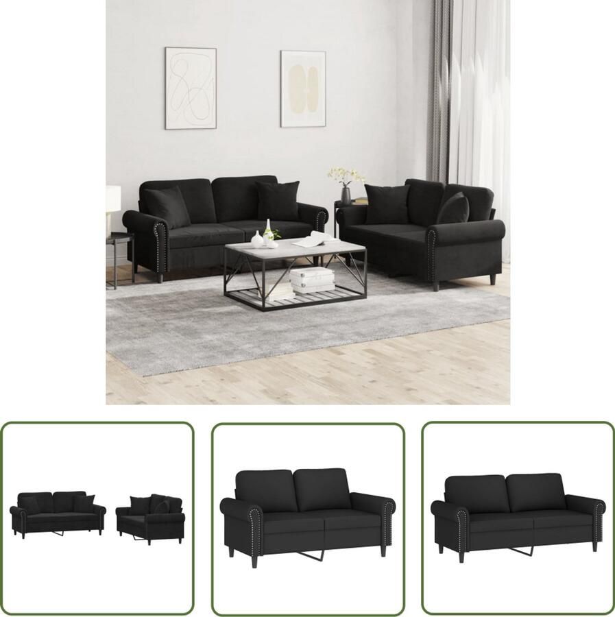 The Living Store Sofa-set Zwart Fluweel 2-zitsbank (140 cm) Stabiel frame Comfortabel Zitten Loungemeubel Zweefstoelen Design Sofa Zwarte Bank Velvet Bank