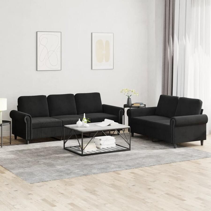 The Living Store Loungeset 2- en 3-zitsbank Zwart Fluweel Stabiel Metalen Frame Comfortabel Zitcomfort Loungeset Zweefstoelen Bankstel Zitzitting Woonkamer Meubilair