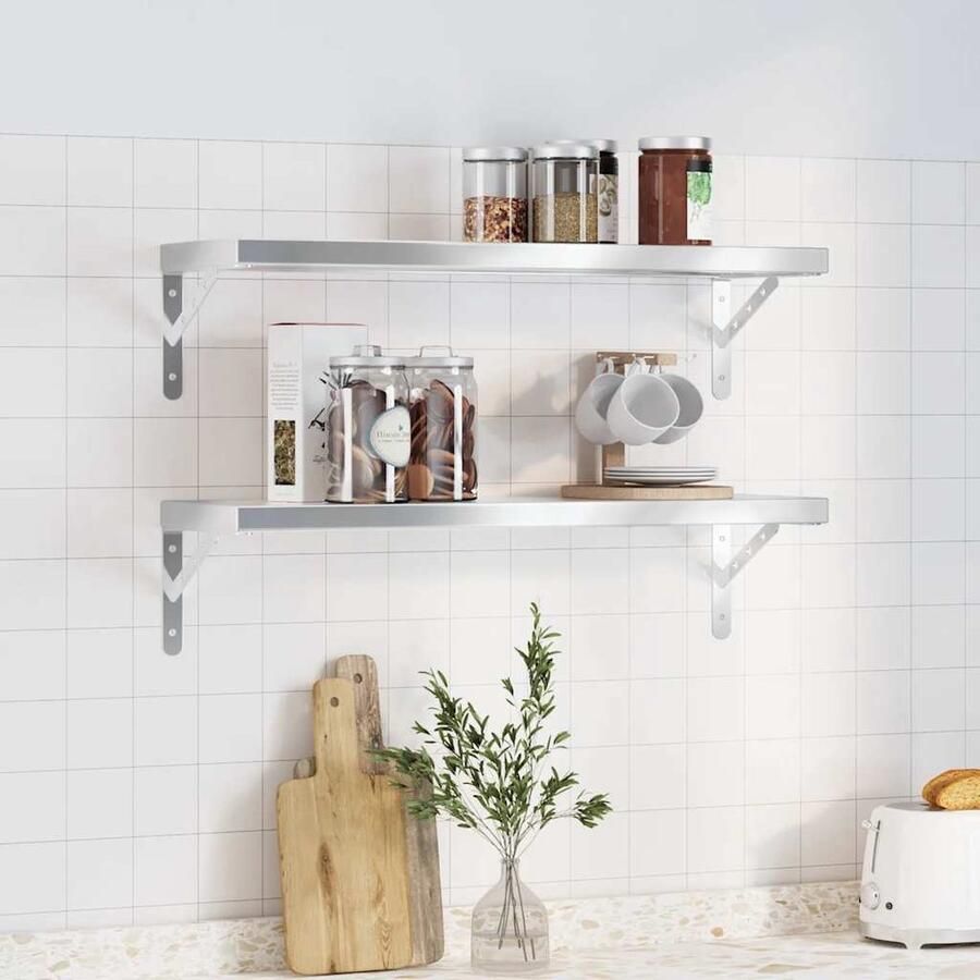 The Living Store Wandschappen 2 st 75x23 5 cm roestvrijstaal zilverkleurig Zwevende Wandschap Wandschapsset Roestvrijstalen Wanddecoratie Wandopbergingsmogelijkheden Multifunctionele Wandplank
