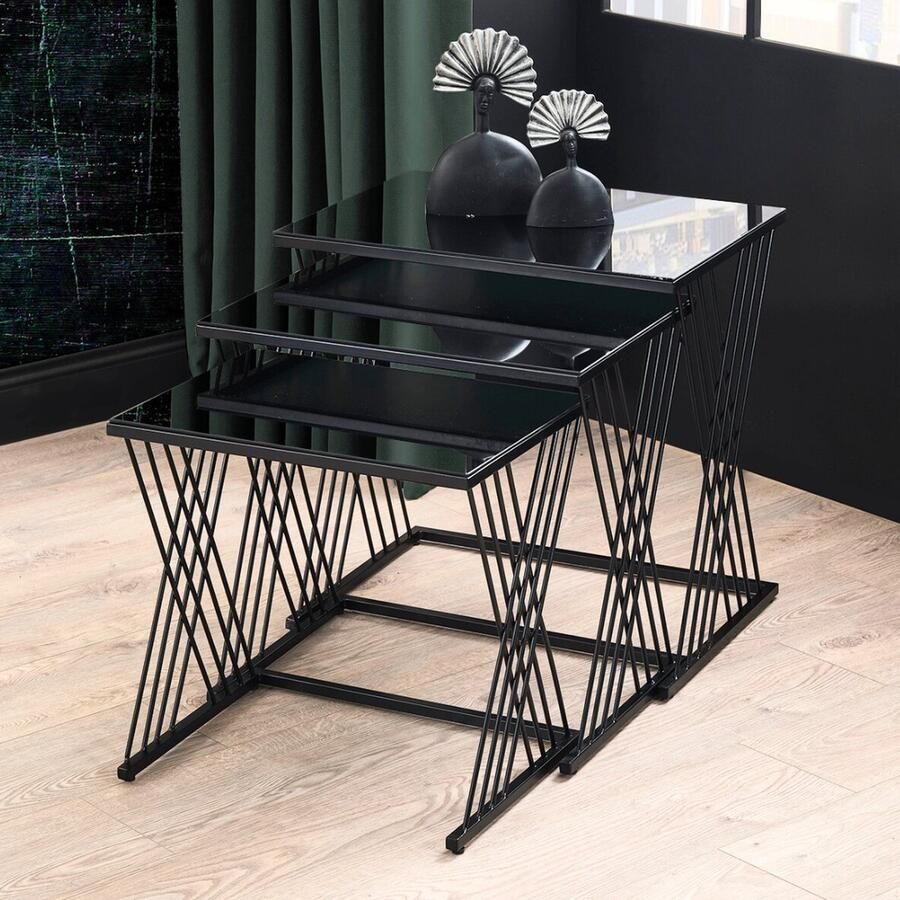 Meubel Sofa Meubelsofa-Vienna Zwart Metalen Poten Gerookt Gespiegelde Zigon Salontafel