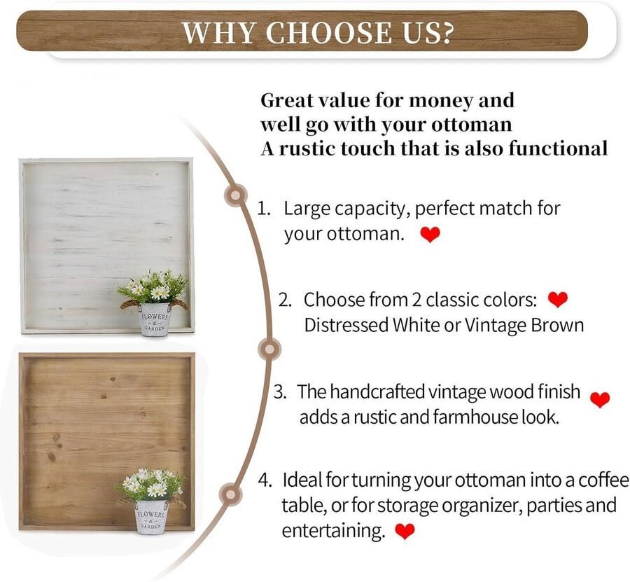 Vierkant groot Ottomaans dienblad: decoratieve lade voor salontafel rustieke look bruin extra groot woonkamer accessoire