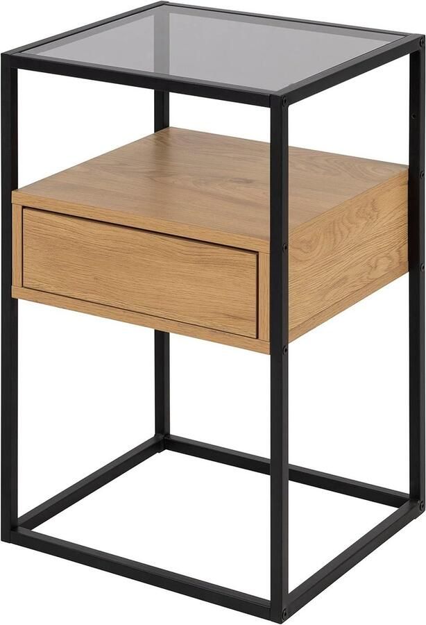 Vierkant nachtkastje met lade planken glasplaat houten lade zwart metalen frame veelzijdig nachtkastje met gemakkelijk toegankelijke lade nachtkastje zwart 60 cm hoog