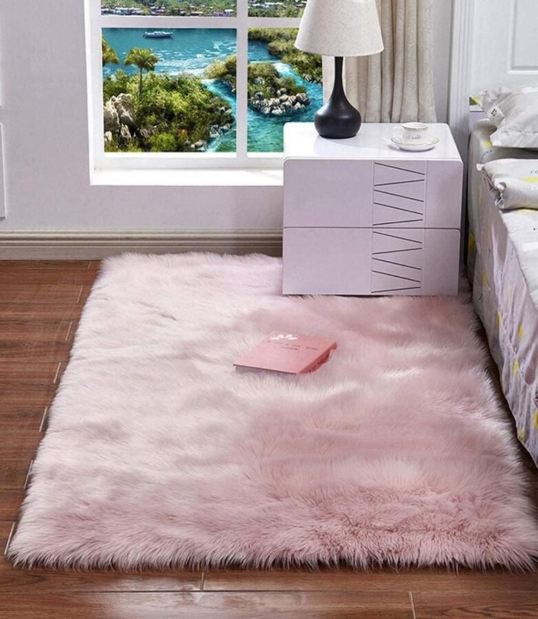 Vierkant pluizig wasbaar vloerkleed roze 60 x 120 cm voor woonkamer slaapkamer