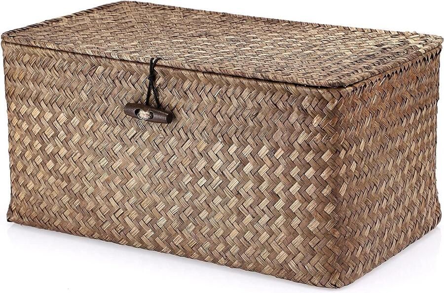 Vierkant zeegras mandje met deksel Decoratieve organizer voor badkamer plank of bureau (koffie M)