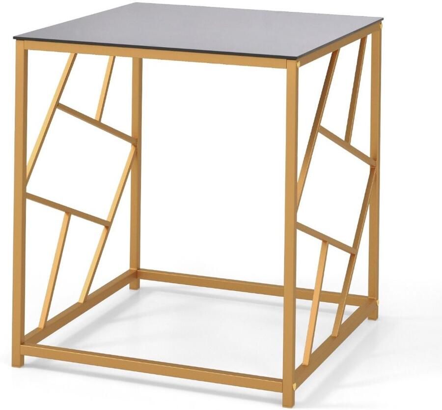 Vierkante bijzettafel – Gehard glas goud geometrisch frame kleine salontafel voor moderne woonkamer – 50x50x55 cm Zwart