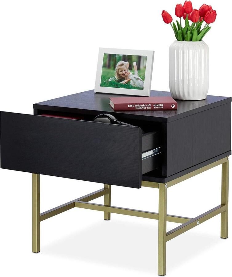 Moderne vierkante bijzettafel met lade houten nachtkastje met goudkleurig metalen frame 50x50x50 cm nachtkastje zwart 60 cm hoog