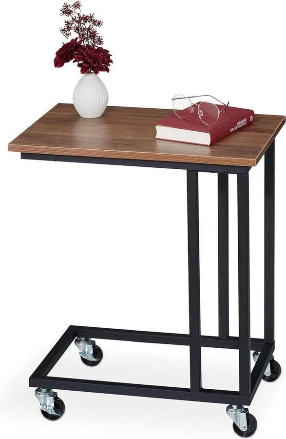 Vierkante bijzettafel met wielen houtlook tafelblad 60 cm hoog bruin zwart