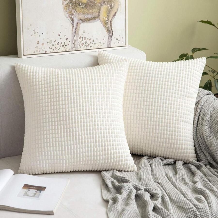 Vierkante corduroy kussensloop gestreept en effen decoratief sofa stoel zetel slaapkamer 22x22 inch 55x55 cm 2 stuks wit