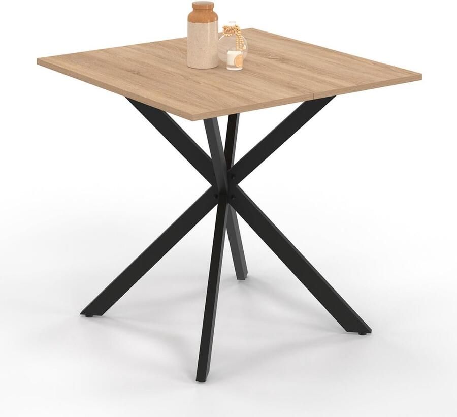 Vierkante Eettafel – 80 cm Voor 4 Personen Spinnenvoet in Zwart met Houten Tafelblad Modern en Stijlvol Design voor Eetkamer of Keuken