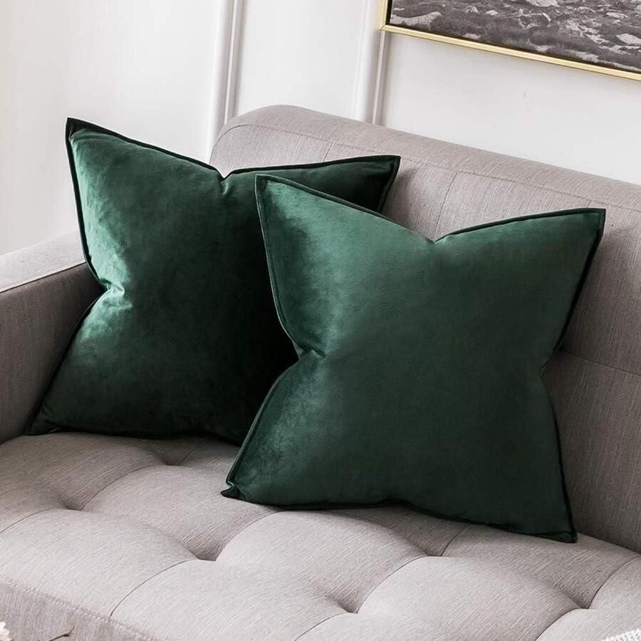 Vierkante fluweelzachte decoratieve kussenslopen-set van 2-stuks donkergroen-60 x 60 cm-woonkamer bank slaapkamer