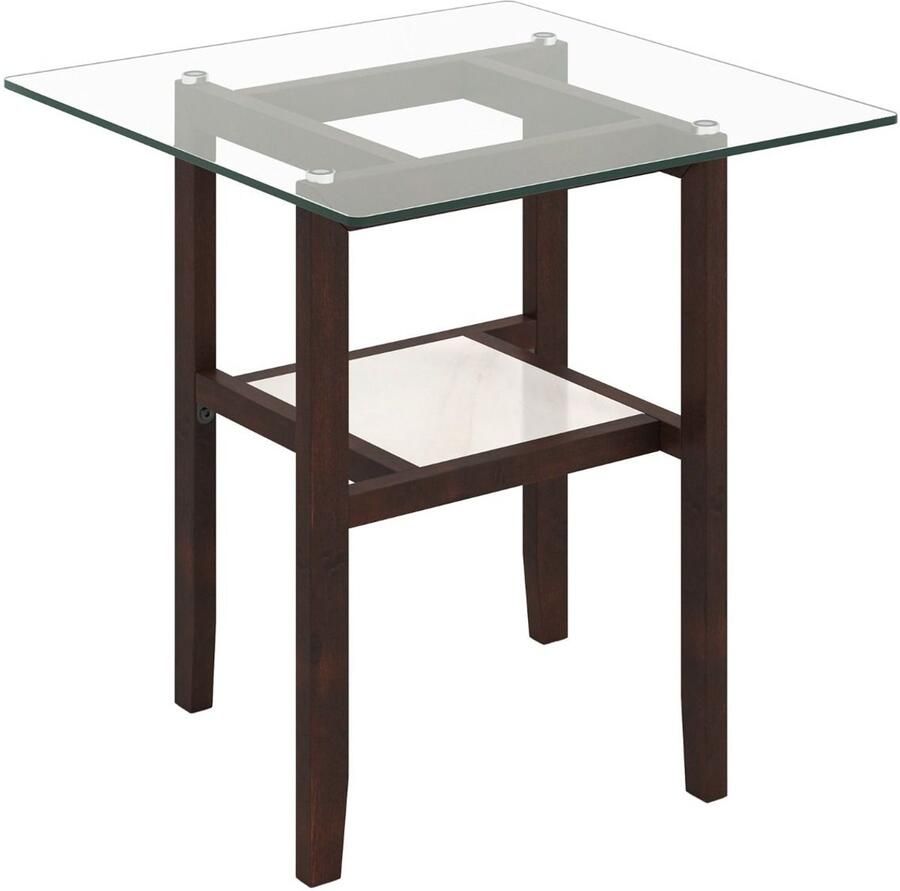 Vierkante glazen bijzettafel 24 – 2-laags salontafel met opbergplank en bruin rubberhouten frame