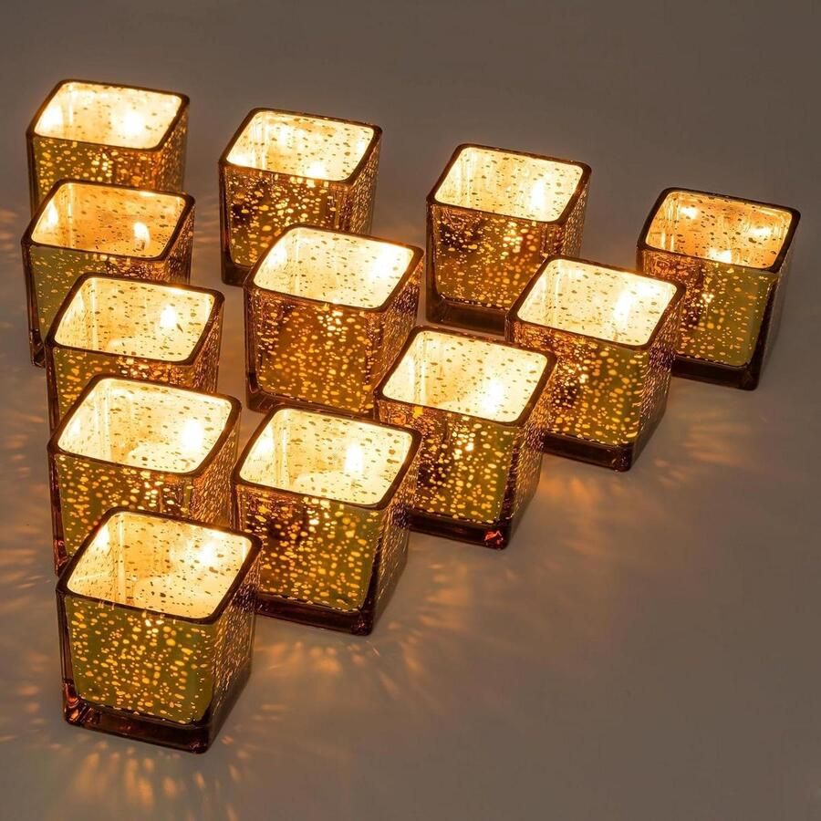 Vierkante Gouden Kaarshouders Set Van 12 Mercurius Glazen Kaarshouder Elegante Kleine Kaars Houder Voor Bruiloft Centerpieces Theelicht Houder Voor Party Tafels Decoraties Home Decor