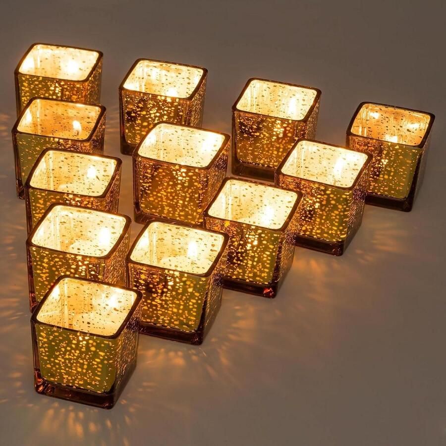 Vierkante Gouden Kaarshouders Set Van 12 Mercurius Glazen Kaarshouder Elegante Kleine Kaars Houder Voor Bruiloft Centerpieces Theelicht Houder Voor Party Tafels Home Decoratie