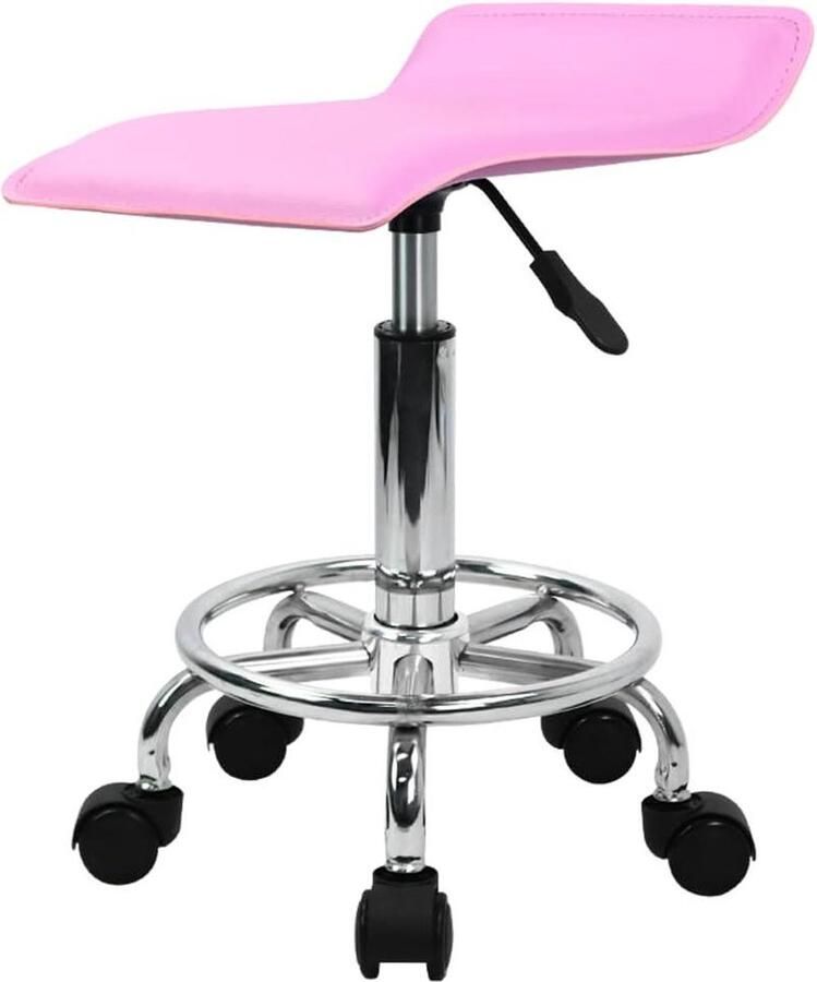 Vierkante in hoogte verstelbare rolkruk met voetsteun PU lederen zitkussen spa opstellen salon tatoeage werk draaibare kantoorkrukken taakstoel klein (roze)