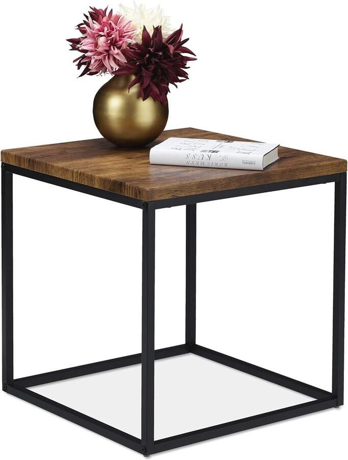 Vierkante bijzettafel 45 cm Industrieel design voor woon- en slaapkamer Metaal en houtlook