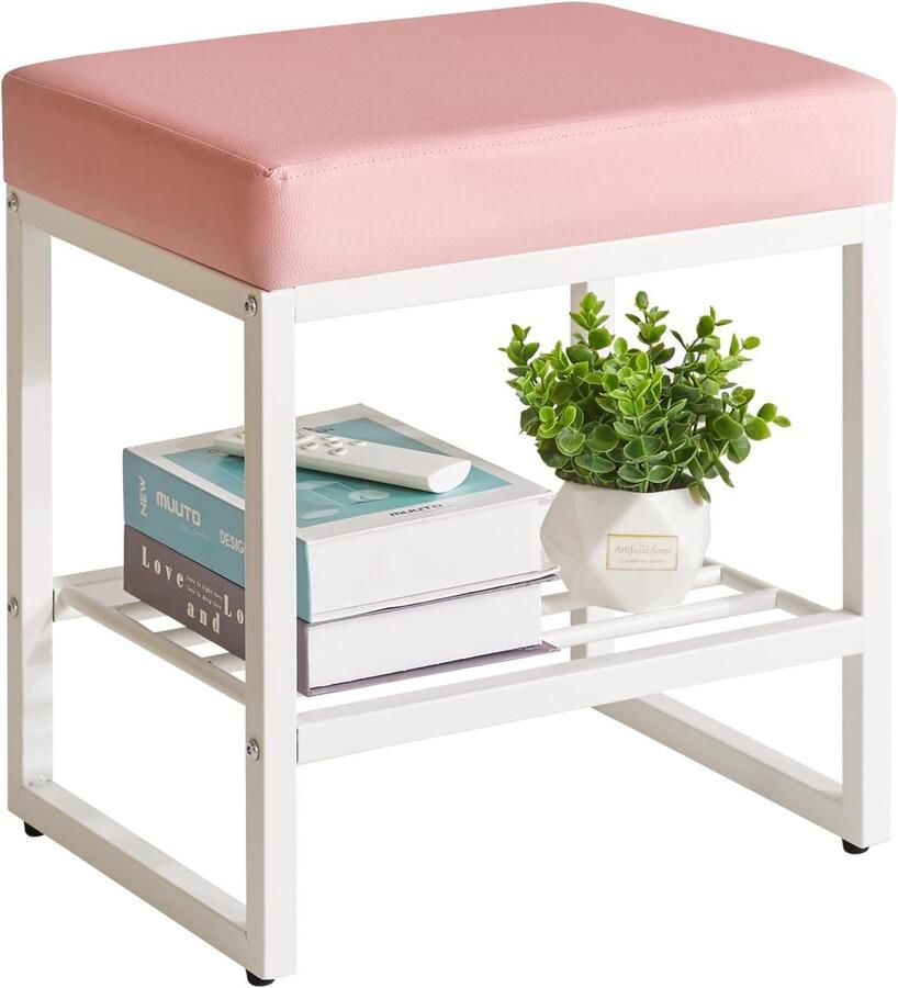 Vierkante Kaptafelkruk met Opbergruimte Kleine Make-upbank voor Kaptafel Slaapkamer Woonkamer Roze met Goudkleurig Metaal
