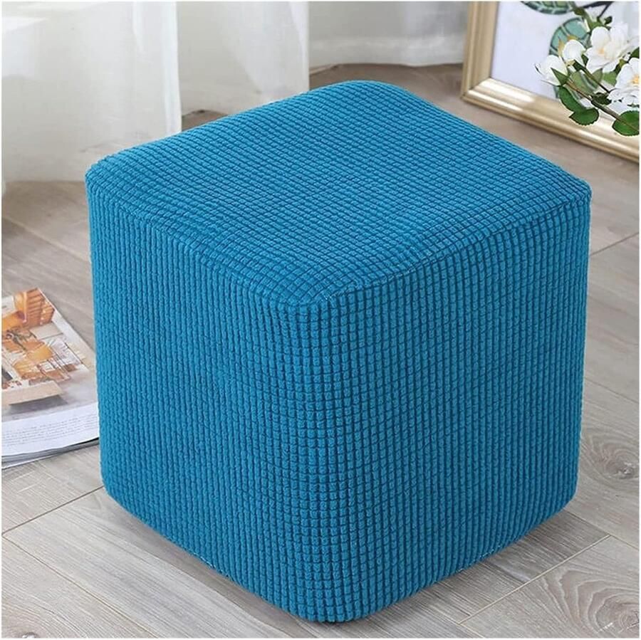 Vierkante kussenhoes voetenbankbeschermer krukkussenhoes elastische onderkant rekbaar geruite stof met structuur machinewasbaar maat: 30x30cm blauwgroen