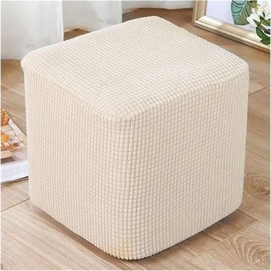 Vierkante kussenhoes voetenbankbeschermer krukkussenhoes elastische onderkant voor stretch geruite stof met structuur machinewasbaar maat: 30x30cm gebroken wit
