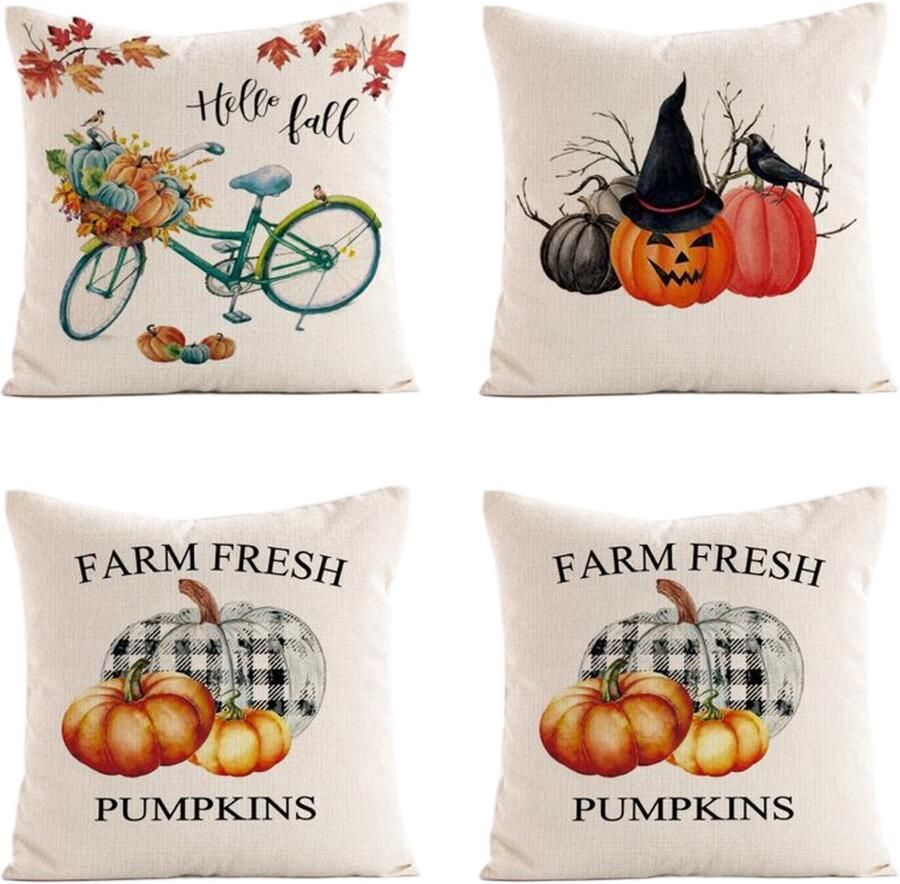 Vierkante kussensloop van linnen Set van 4 45*45cm Kussensloop met pompoenprint Geschikt voor auto bed bank kerstcadeau Thanksgiving-cadeau Welkom herfst pompoen esdoornblad bloemenkussensloop Thanksgiving zegen kussensloop