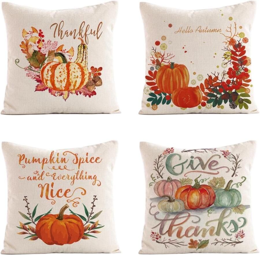 Vierkante kussensloop van linnen Set van 4 45*45cm Kussensloop met pompoenprint Geschikt voor auto bed bank kerstcadeau Thanksgiving-cadeau Welkom herfst pompoen esdoornblad bloemenkussensloop Thanksgiving zegen kussensloop