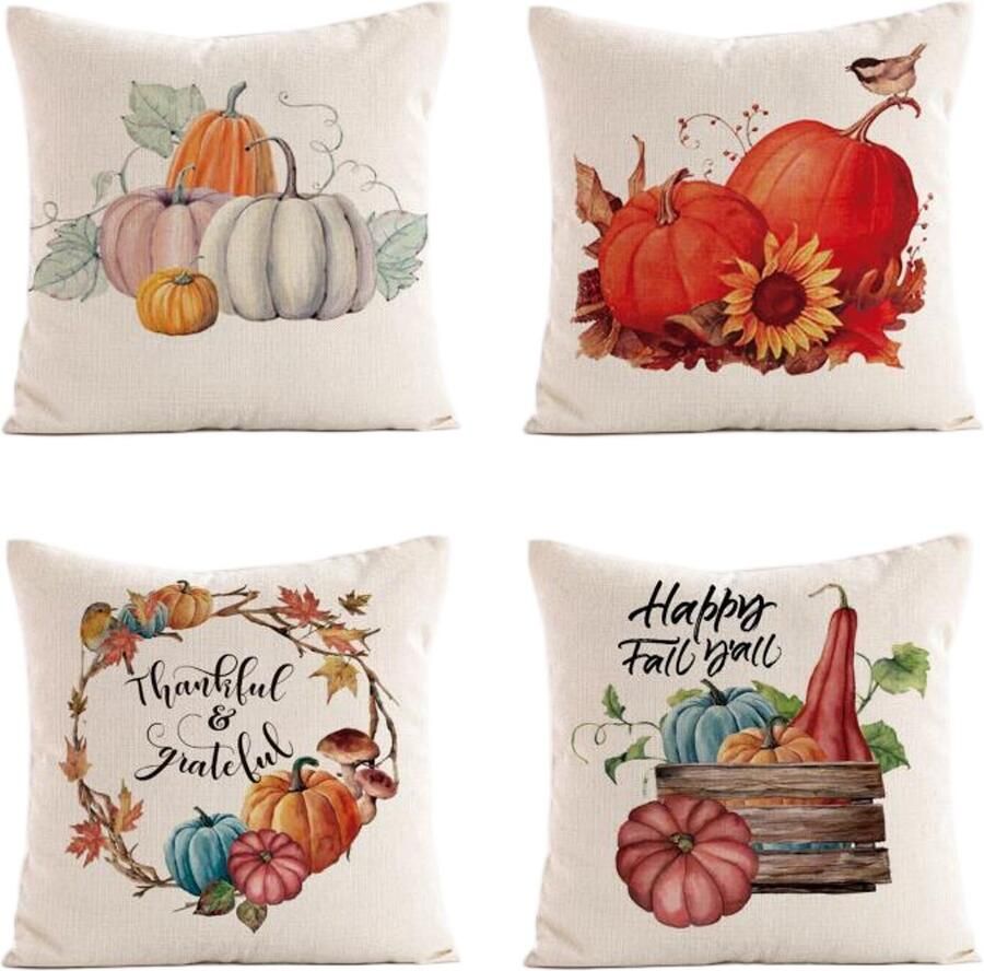 Vierkante kussensloop van linnen Set van 4 45*45cm Kussensloop met pompoenprint Geschikt voor auto bed bank kerstcadeau Thanksgiving-cadeau Welkom herfst pompoen esdoornblad bloemenkussensloop Thanksgiving zegen kussensloop