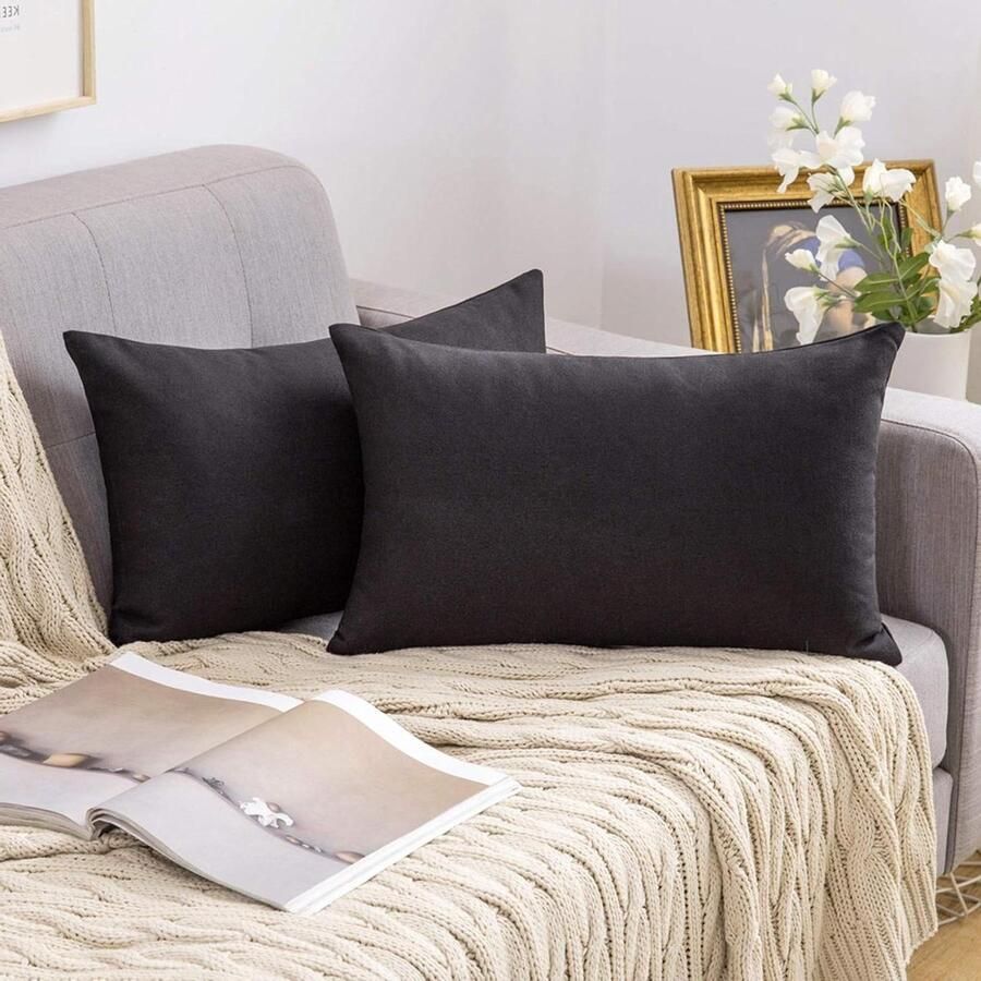 Vierkante kussenslopen linnenlook voor woonkamer set van 2 bank stoel slaapkamer decoratie 30 x 50 cm zwart kussensloop 30x50