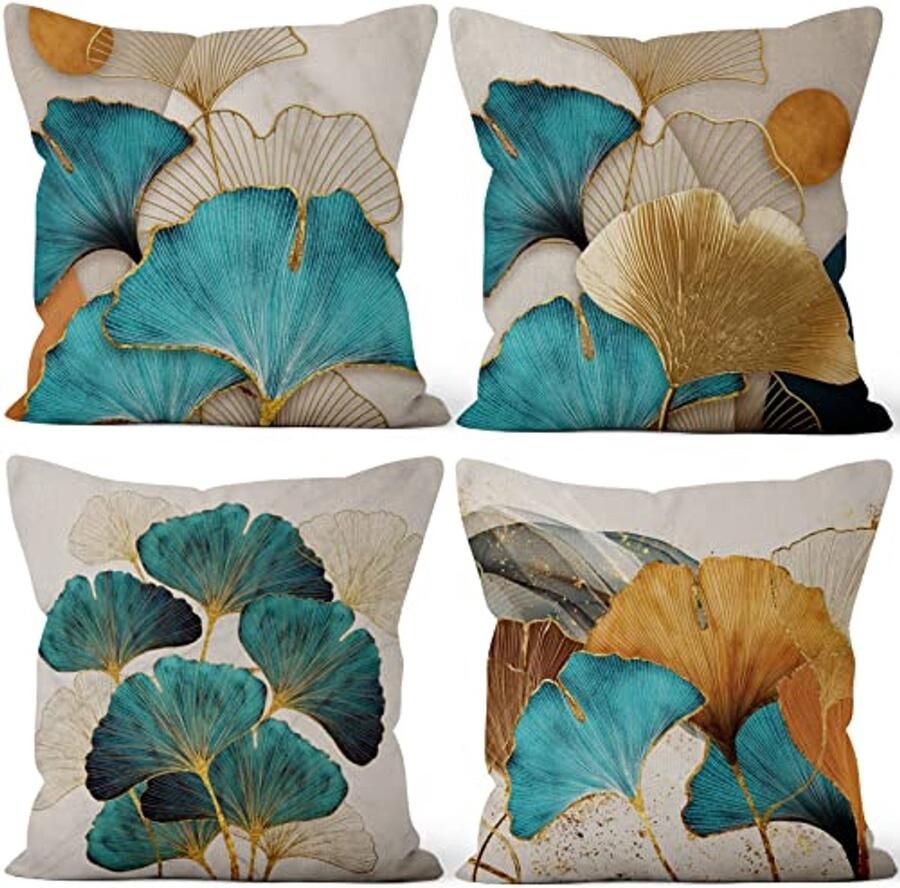Vierkante Kussenslopen met Ginkgo Bladeren Set van 4 60x60 cm Fluweel Decoratieve Hoes voor Bank Slaapkamer en Auto