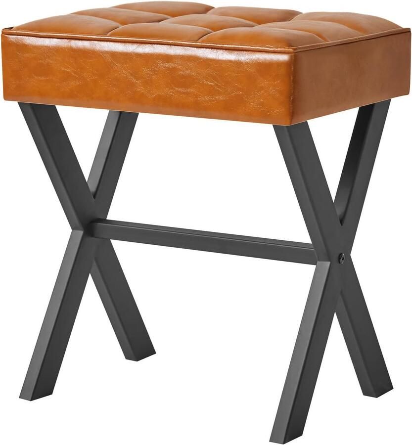Retadou Vierkante make-up kruk met X-poten voetensteun PU voetensteun kruk Ottomaanse zitkruk multifunctioneel als kleine bijzettafel voor slaapkamer woonkamer lichtbruin L G-71J