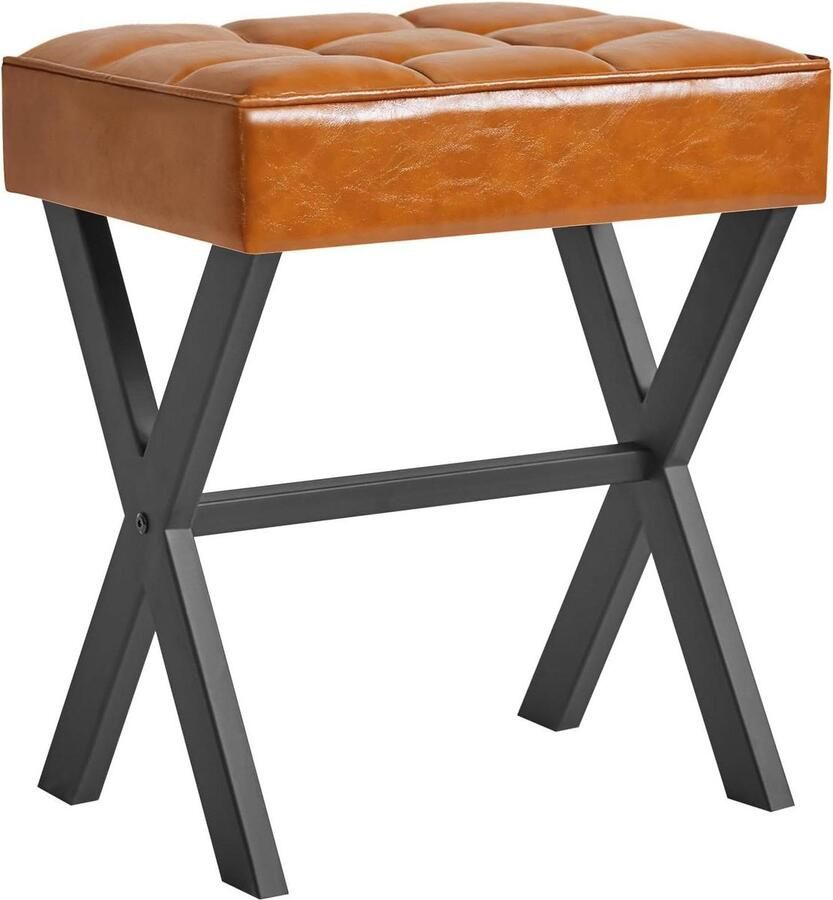 Vierkante make-upkruk met X-poot voetsteun en PU-voetensteun Ottomaanse zitmeubel multifunctioneel als kleine bijzettafel lichtbruin voor slaapkamer en woonkamer
