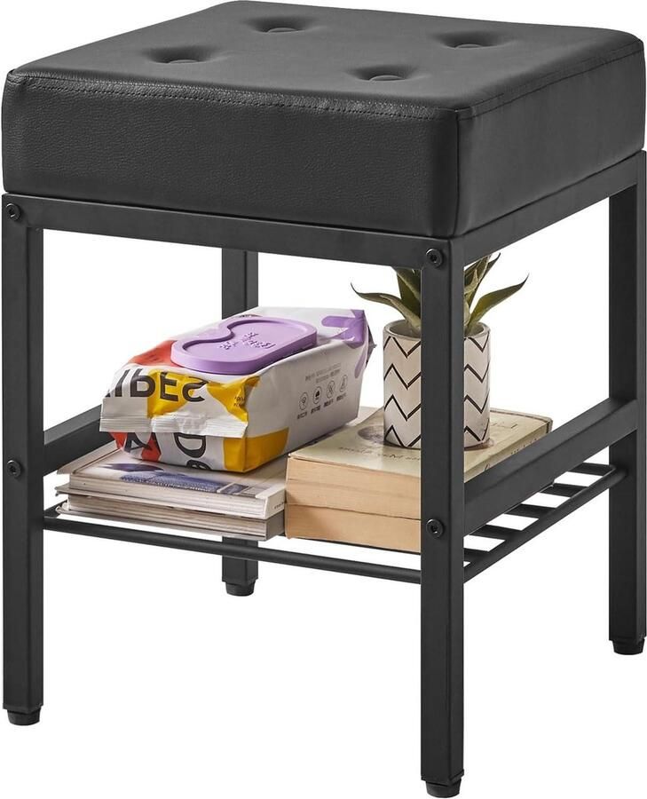 Vierkante make-upkruk verstelbare poten opbergruimte voetensteun PU-zitting ijdelkruk multifunctioneel kleine bijzettafel voetenbank slaapkamer zwart LG-60B