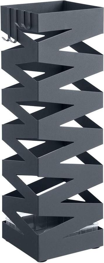 Vierkante metalen parapluhouder met 4 haken en afneembare wateropvangbak 155 x 155 x 49 cm antraciet