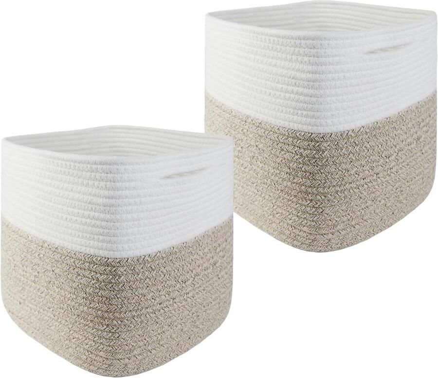 Vierkante Opbergmanden van Katoenen Touw 28 x 28 x 28 cm Set van 2 Lichtbruin Wit