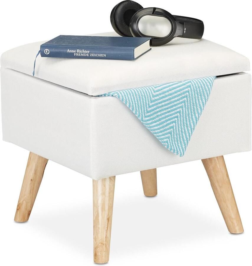 Vierkante poef met opbergruimte en deksel Gepolsterde hocker in wit 40x40 cm