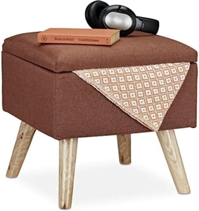 Vierkante poef met opbergruimte en kunstlinnen overtrek bruin 40x40x40 cm