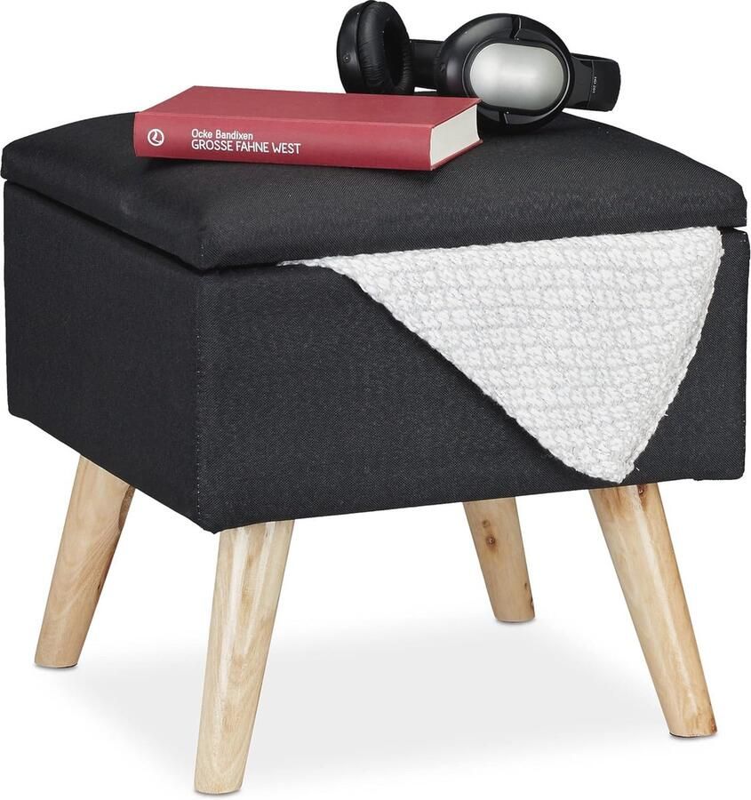 Vierkante Poef met Opbergruimte Gepolsterde Hocker in Zwart 40x40 cm