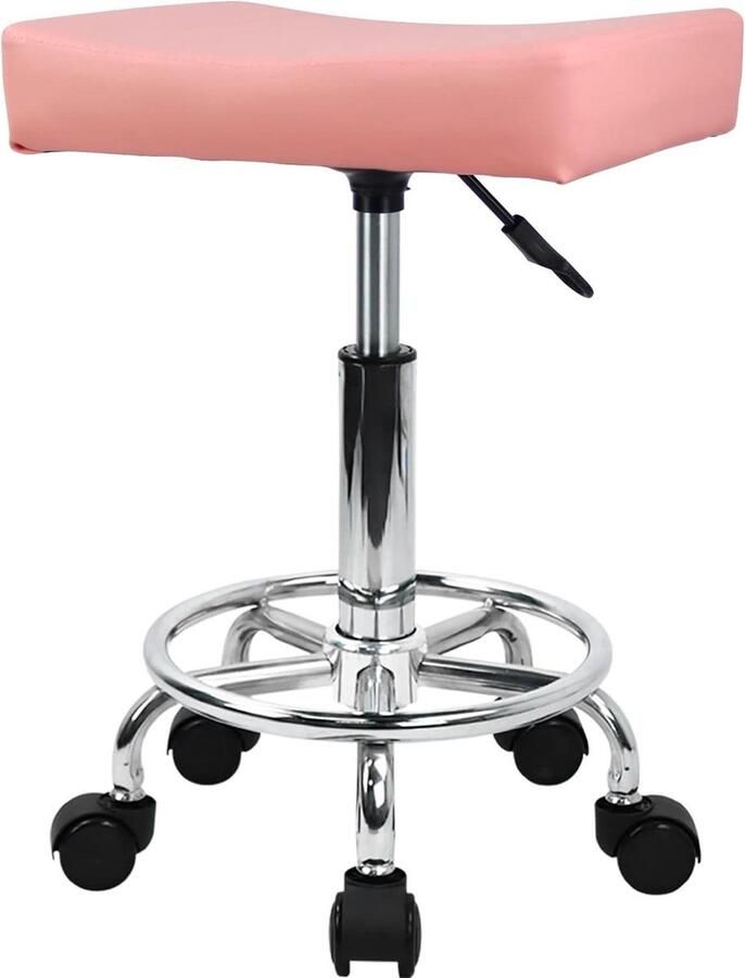 Vierkante rolkruk PU-leer in hoogte verstelbaar draaibare massage spa salonkruk taakstoel met voetsteun roze