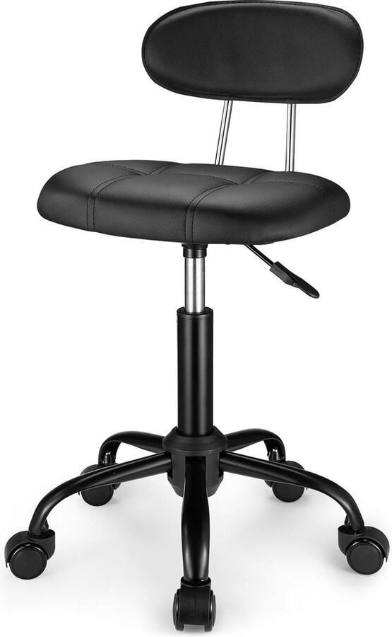 Vierkante rolkruk met rugleuning in hoogte verstelbaar draaibare kruk PU lederen kussen zwart